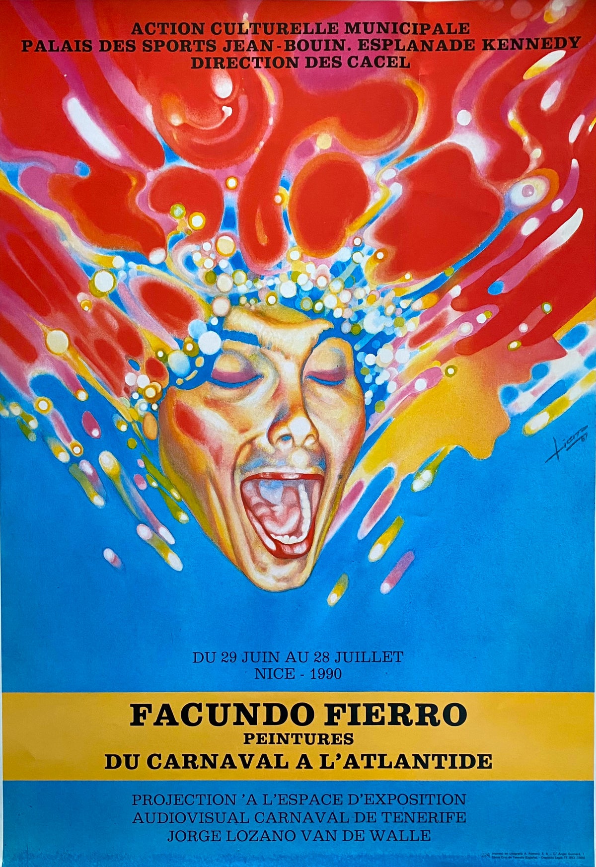 Cartel de «Du Carnaval à l'Atlantide». Action Culturelle Municipale, Palais des Sports Jean-Bouin, Esplanade Kennedy, Niza. Del 29 de junio al 28 de julio de 1990.