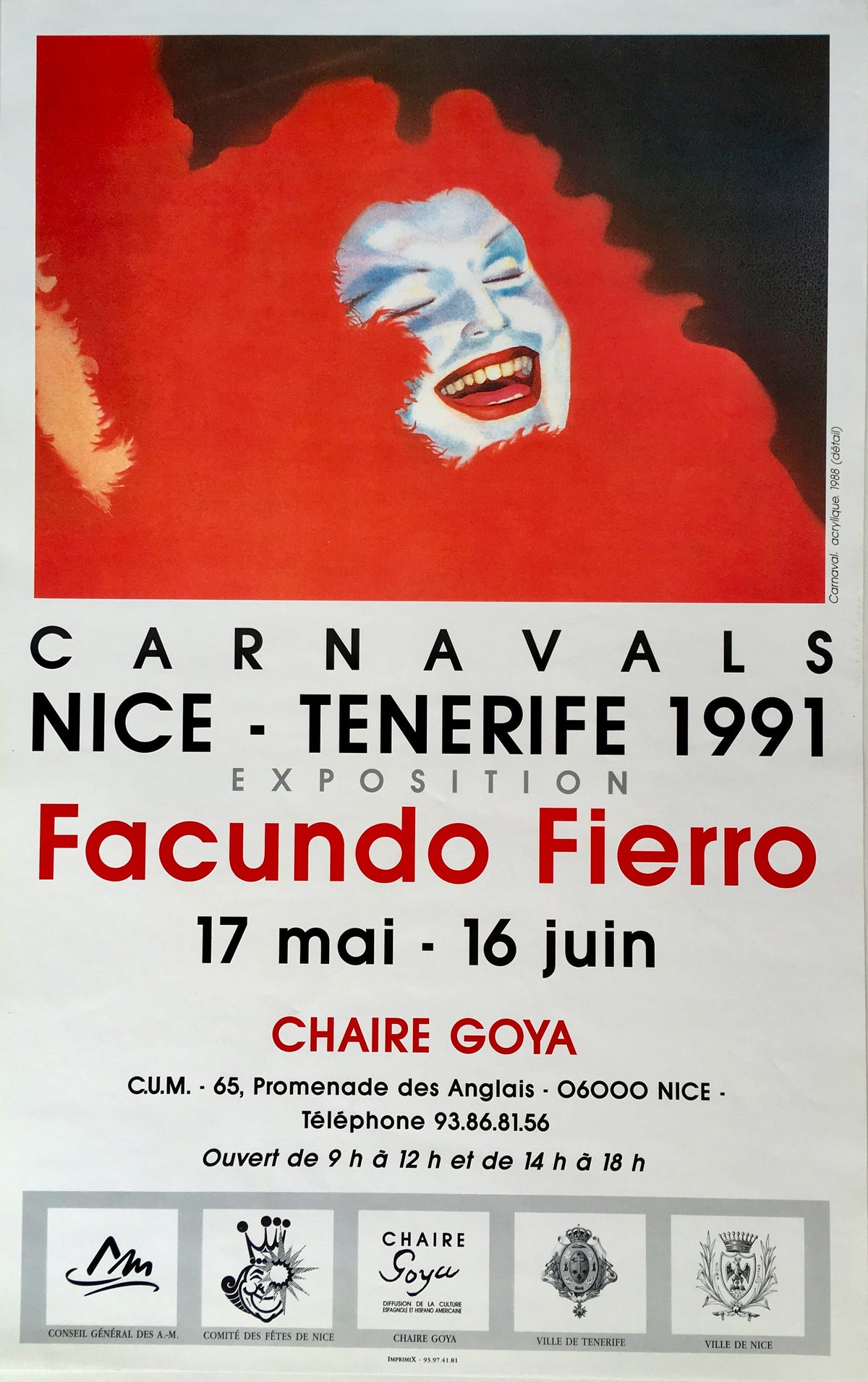 Cartel de «Carnavals Nice – Tenerife 1991». Chaire Goya, Centre Universitaire Méditerranéen, 65 Promenade des Anglais, Niza. Del 17 de mayo al 16 de junio de 1991.