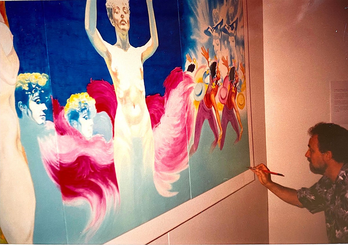 Facundo Fierro pintando el mural del Carnaval, la obra que hoy se conserva en la colección del Centre Universitaire Méditerranéen de Niza.