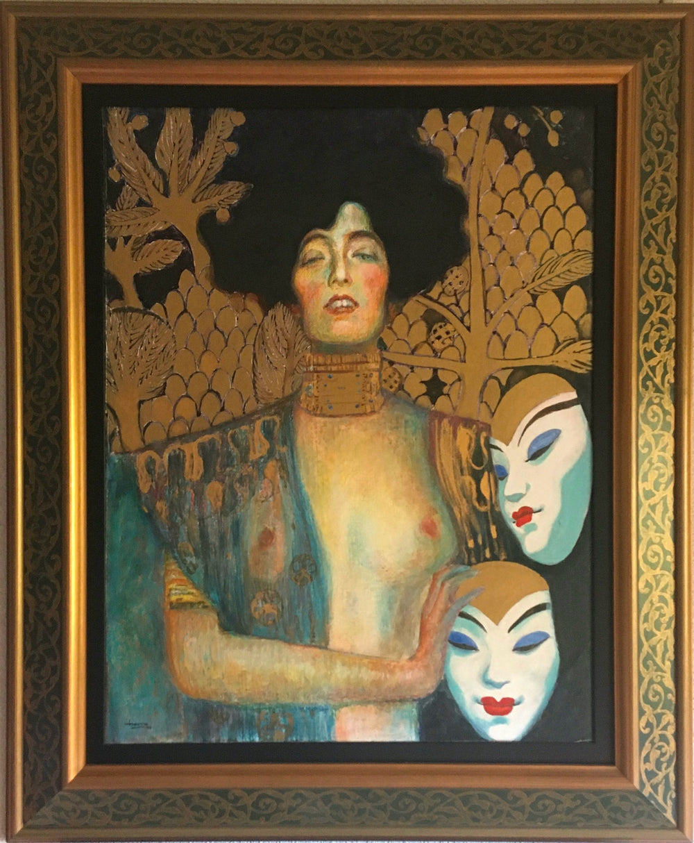 Pintura ‘Me disfrazo de… Gustav Klimt en Niza II’ de Facundo Fierro: figura femenina con motivos dorados y máscara