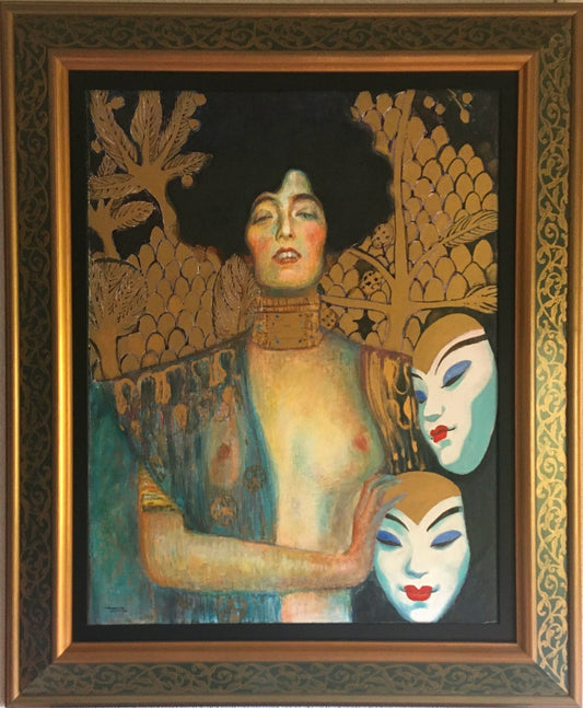 Pintura ‘Me disfrazo de… Gustav Klimt en Niza II’ de Facundo Fierro: figura femenina con motivos dorados y máscara