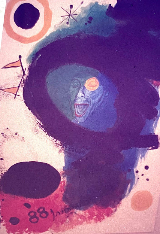 Pintura ‘Me disfrazo de… Miró’ de Facundo Fierro: galaxia violeta con rostro carnavalero y formas abstractas