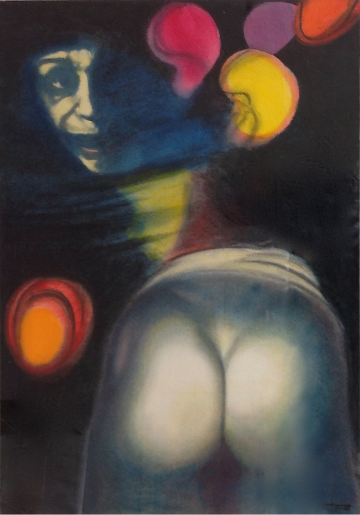 Pintura ‘Me disfrazo de… Úrculo’ de Facundo Fierro: figura femenina y luces de verbena sobre fondo oscuro