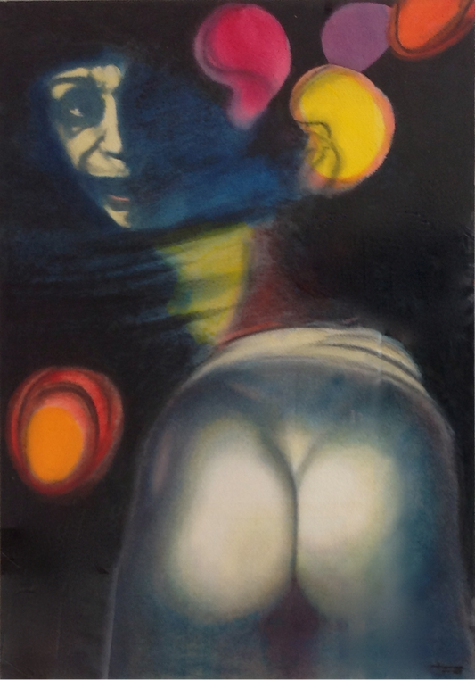 Pintura ‘Me disfrazo de… Úrculo’ de Facundo Fierro: figura femenina y luces de verbena sobre fondo oscuro